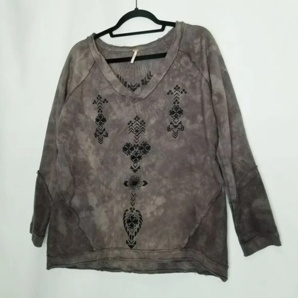 Free People Sweater Brown Tie Dye Blotches Oversized Embroidered Beachy Boho‎ XS